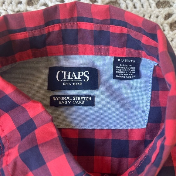 Men’s Chaps Natural Stretch Pink Blue Checked Long Sleeve Button Up Shirt XL - Picture 5 of 10